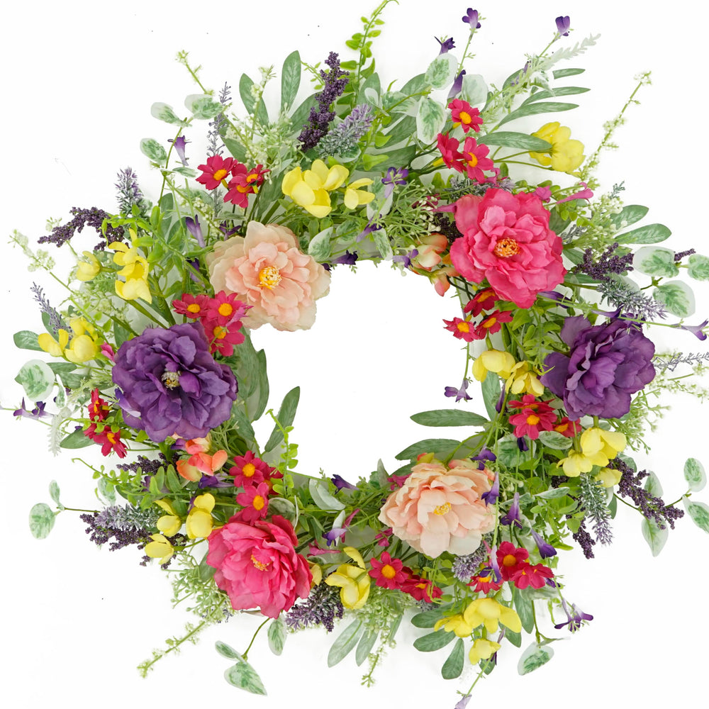 WreathDream face porte montrant pivoines accueillantes et charme saisonnier