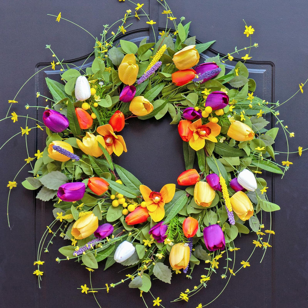 wreathqueen couronne face montrant tulipes accueillantes et colorées