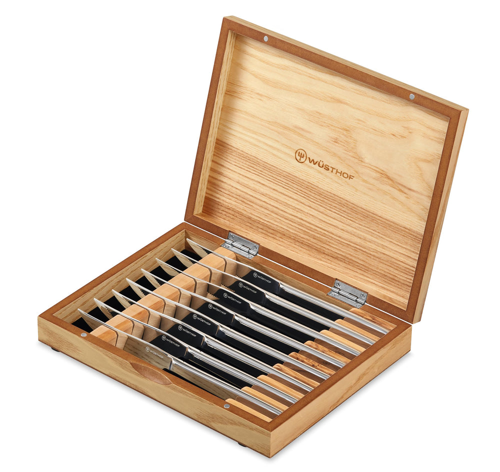 Wüsthof coffret face avant en bois d'acacia, présentation élégante