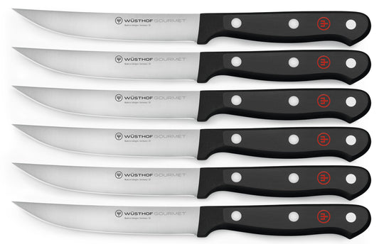 WÜSTHOF ensemble face montrant six couteaux à steak, coupe précise