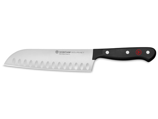 Wüsthof Santoku face avant montrant la lame et le manche pour précision