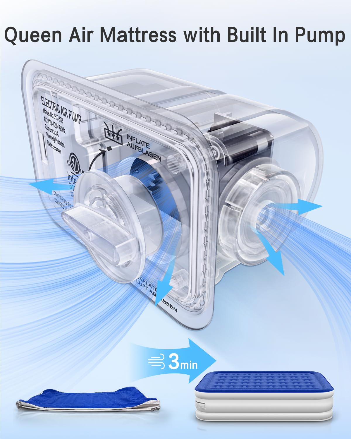 Xsleep détail de la pompe intégrée illustrant un gonflage rapide pratique