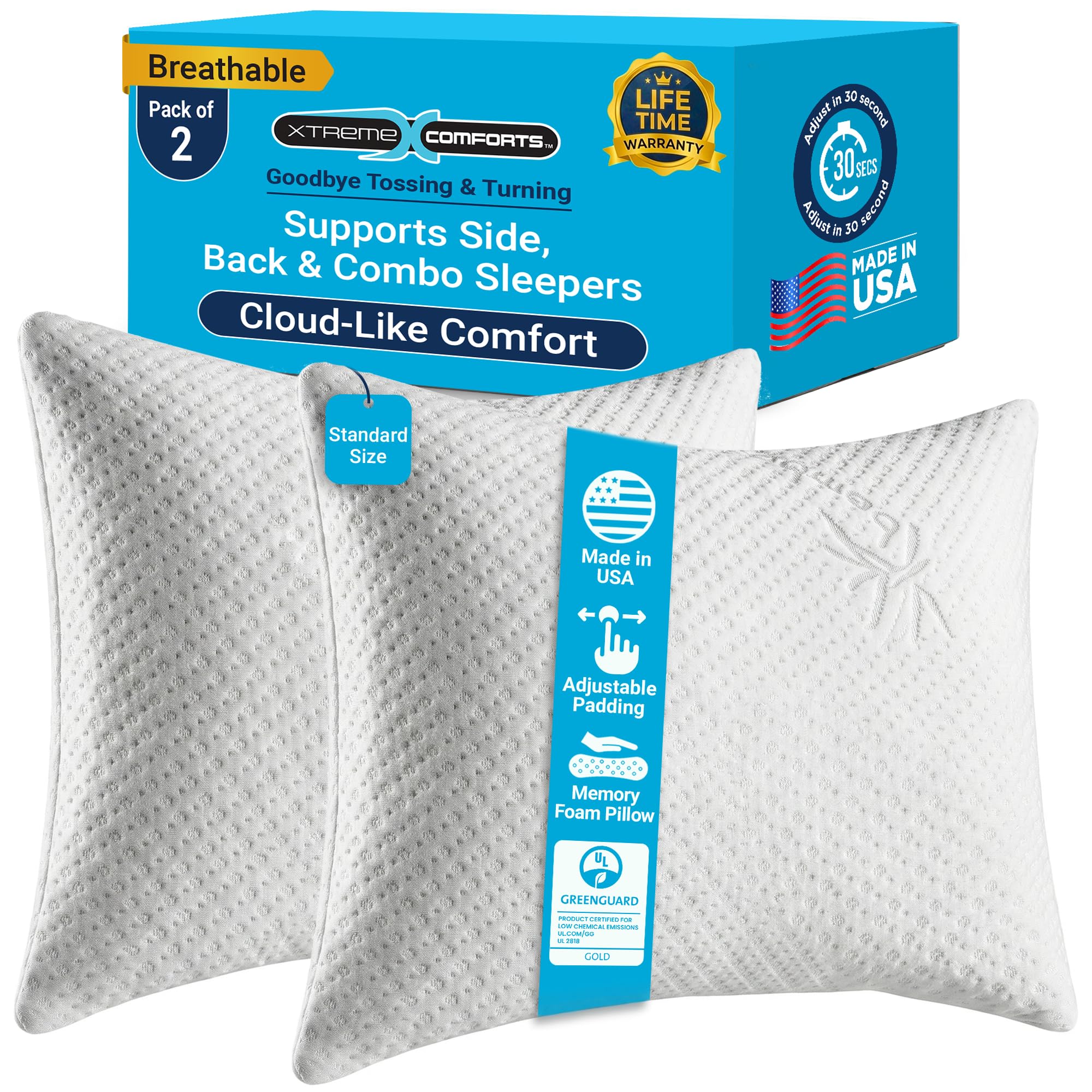 Xtreme Comforts vue avant de l'emballage montrant le lot de deux oreillers et leur format standard