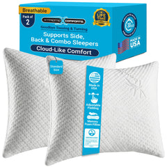 Xtreme Comforts vue avant de l'emballage montrant le lot de deux oreillers et leur format standard