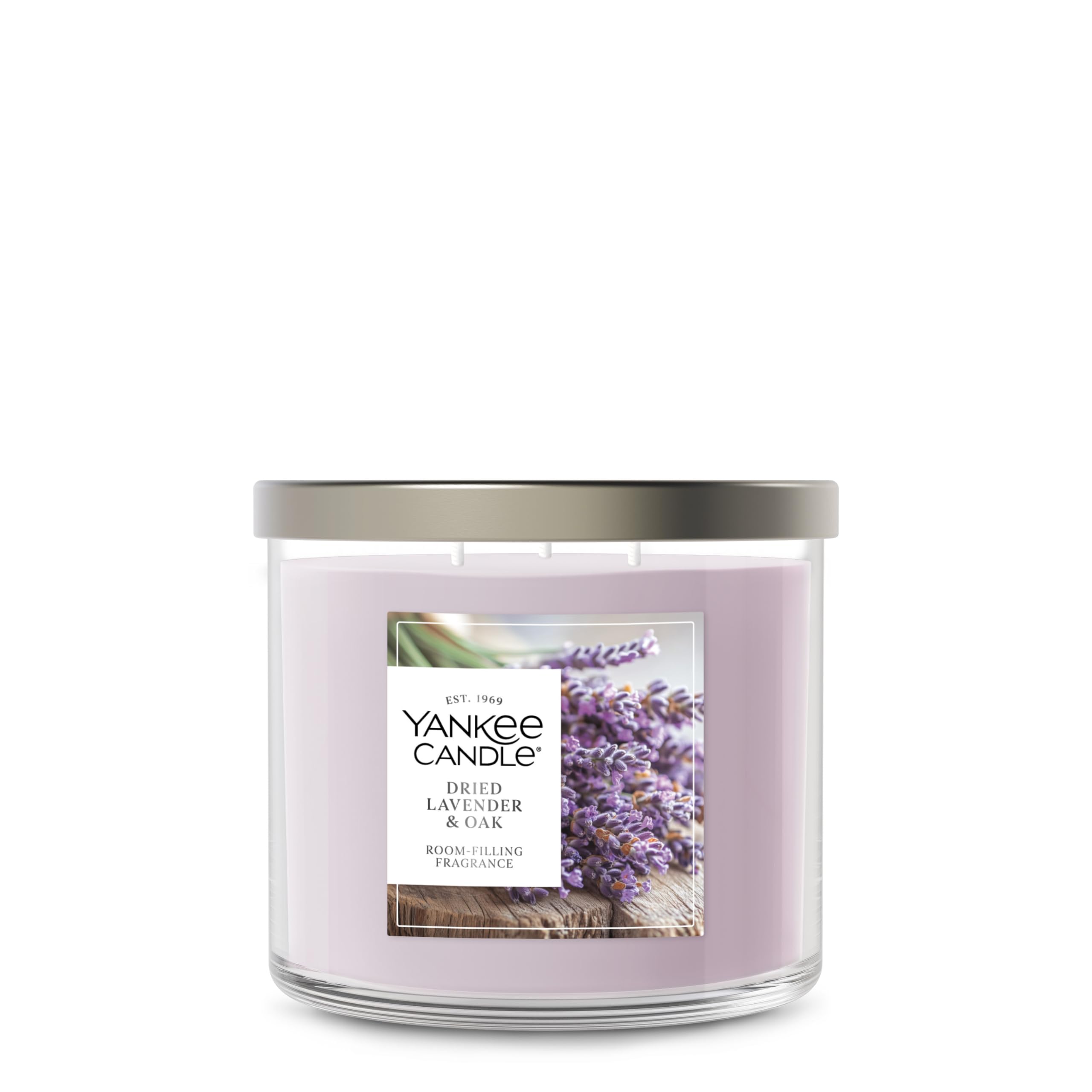 Yankee Candle bougie Dried Lavender & Oak vue de face pour décoration