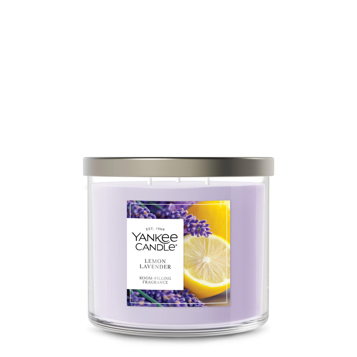 Yankee Candle pot avant montrant l'étiquette Lemon Lavender pour une décoration parfumée