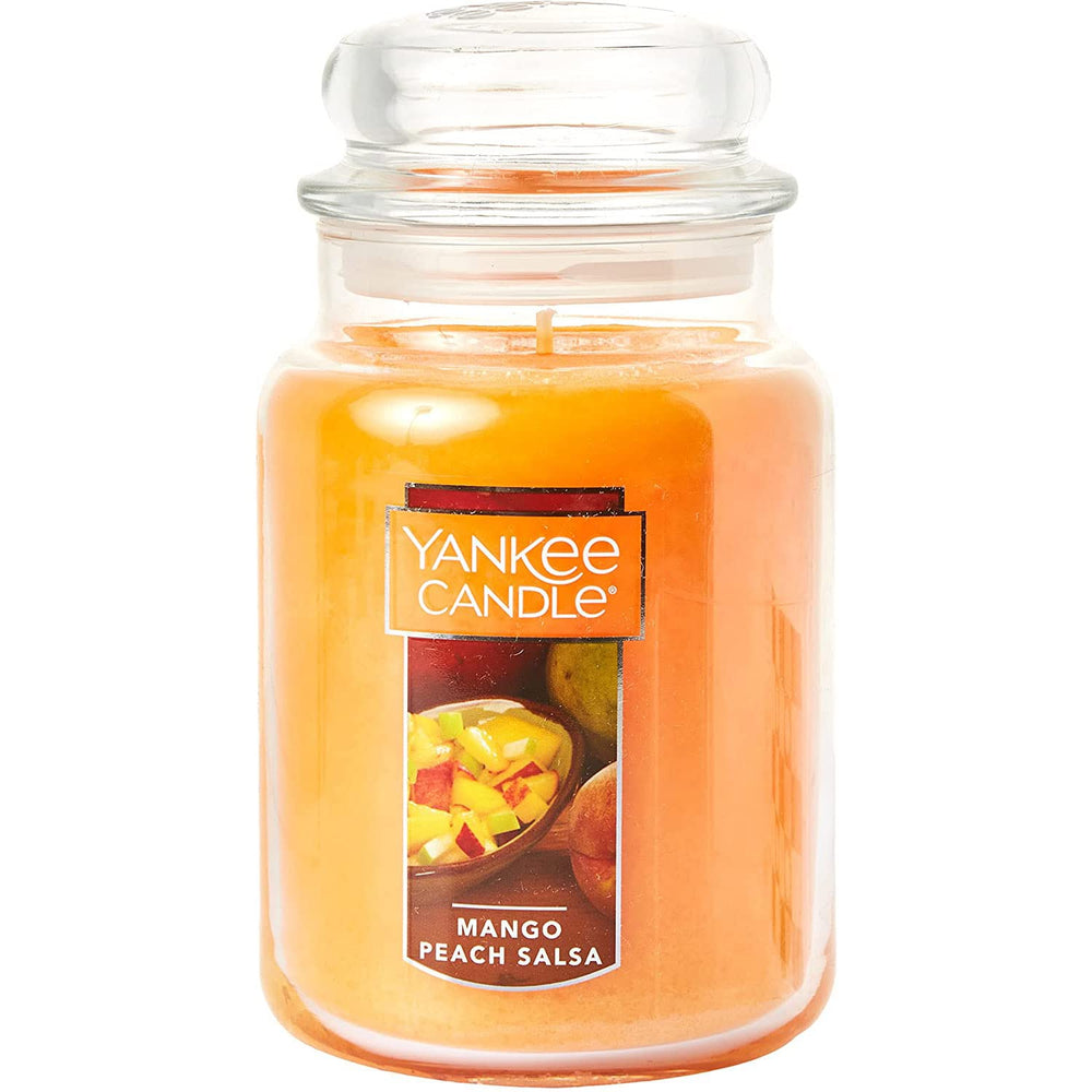 Yankee Candle jar face Mango Peach Salsa montrant l’étiquette et le pot convivial