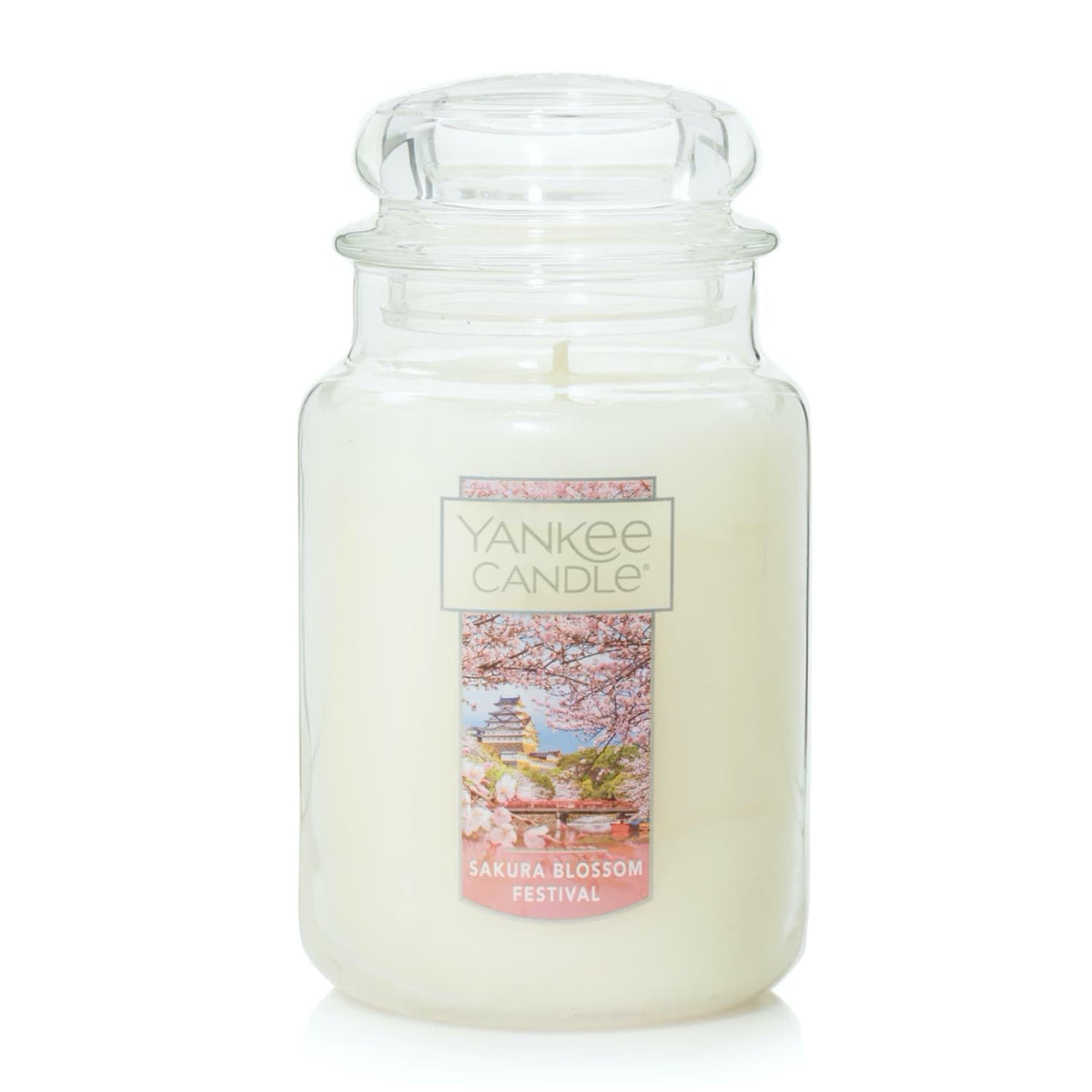 Yankee Candle vue avant du grand pot montrant l'étiquette élégante et le parfum floral