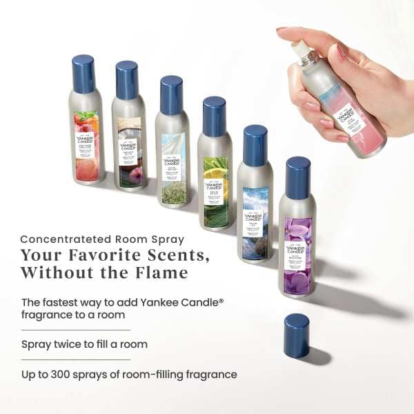 Yankee Candle spray comparaison taille main montrant le format compact et le nombre de pulvérisations