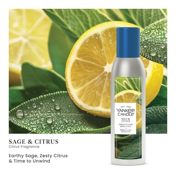 Yankee Candle spray zoom étiquette parfum révélant Sauge & Agrumes pour une atmosphère fraîche
