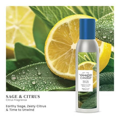 Yankee Candle spray zoom étiquette parfum révélant Sauge & Agrumes pour une atmosphère fraîche