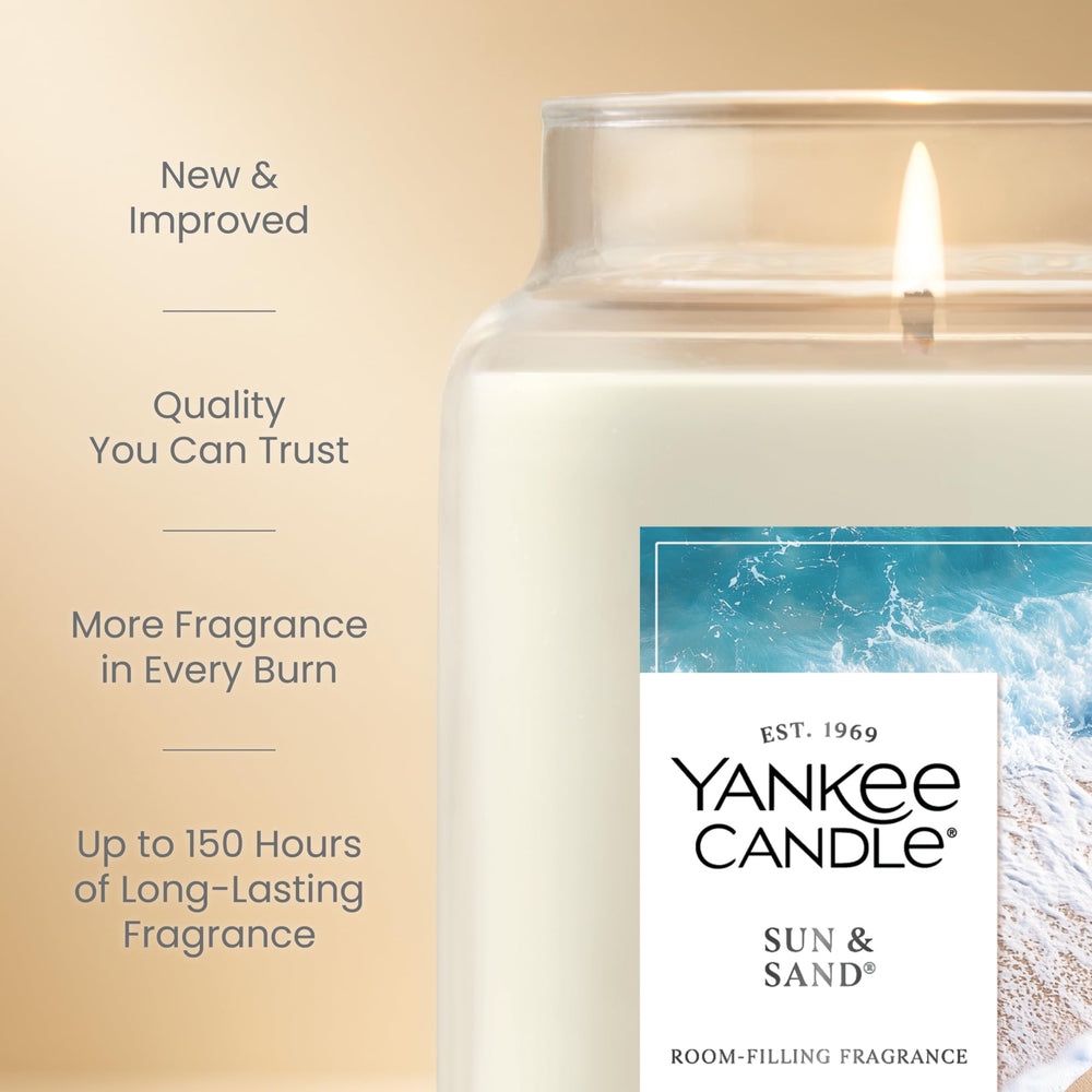 Yankee Candle étiquette Sun & Sand lisible indiquant parfum plage et ingrédients