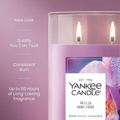 Yankee Candle Wild Orchid double mèches gros plan, combustion régulière garantie