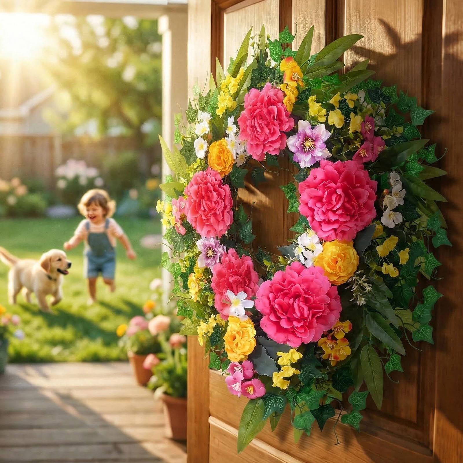 Yastouay couronne sur porche illustrant style farmhouse accueillant