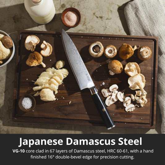 Yatoshi Knives gros plan lame damas 67 couches montrant précision de coupe