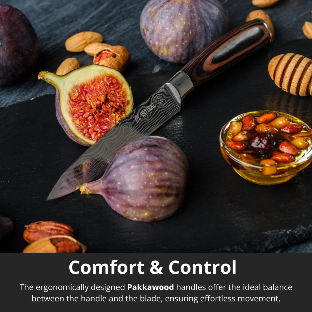 Yatoshi Knives manche en Pakkawood en gros plan offrant confort et prise sûre