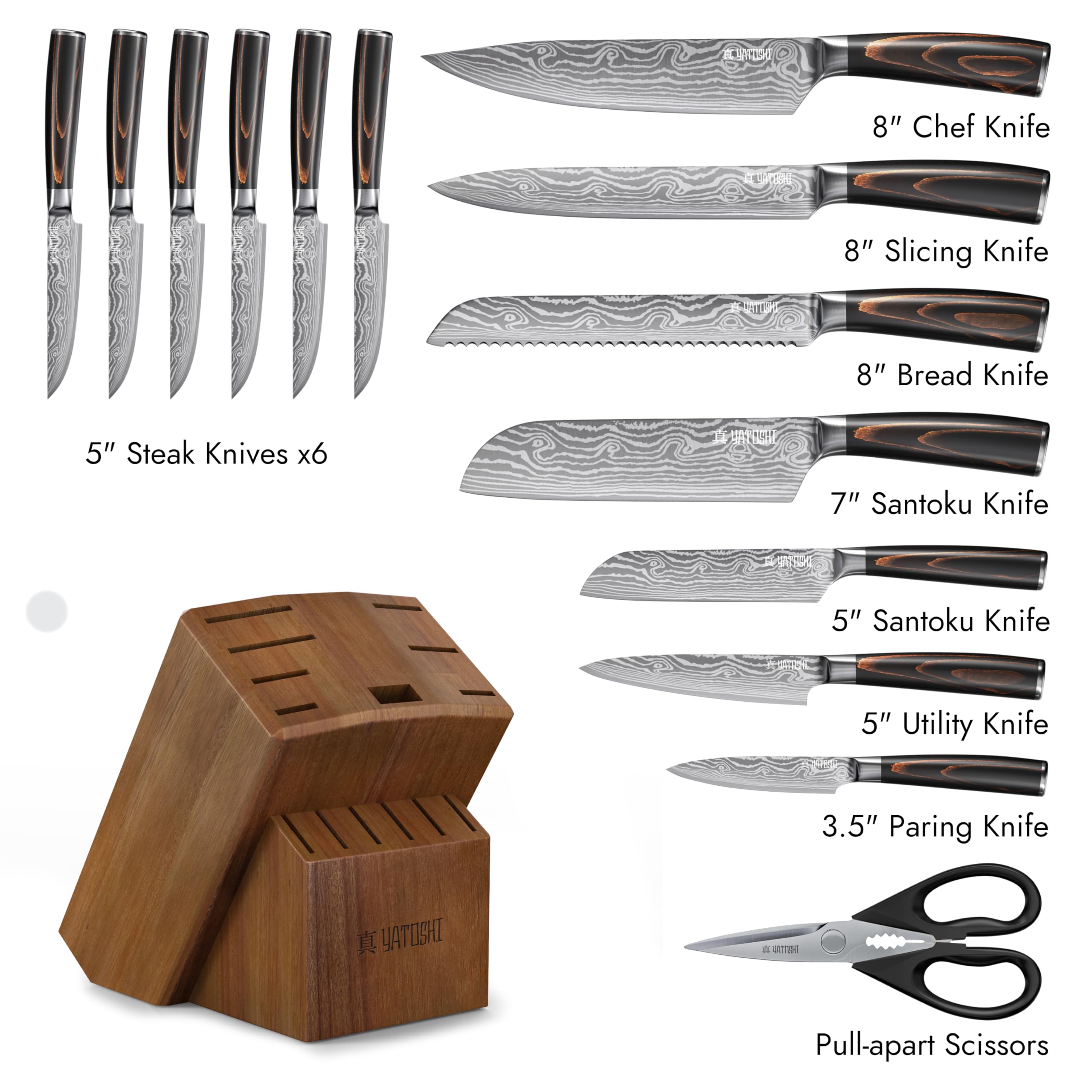 Yatoshi Knives couteaux en usage sur plan de travail pour coupe précise et fluide