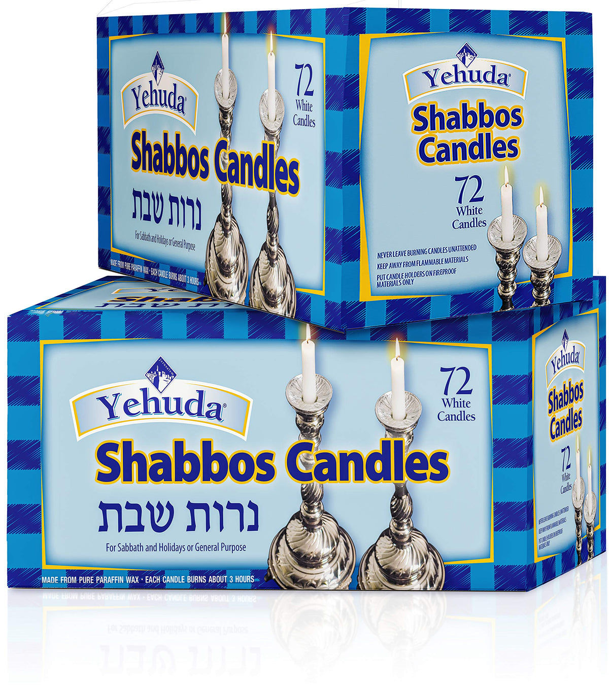 Yehuda emballage avant montrant le lot de 144 bougies, stockage pratique