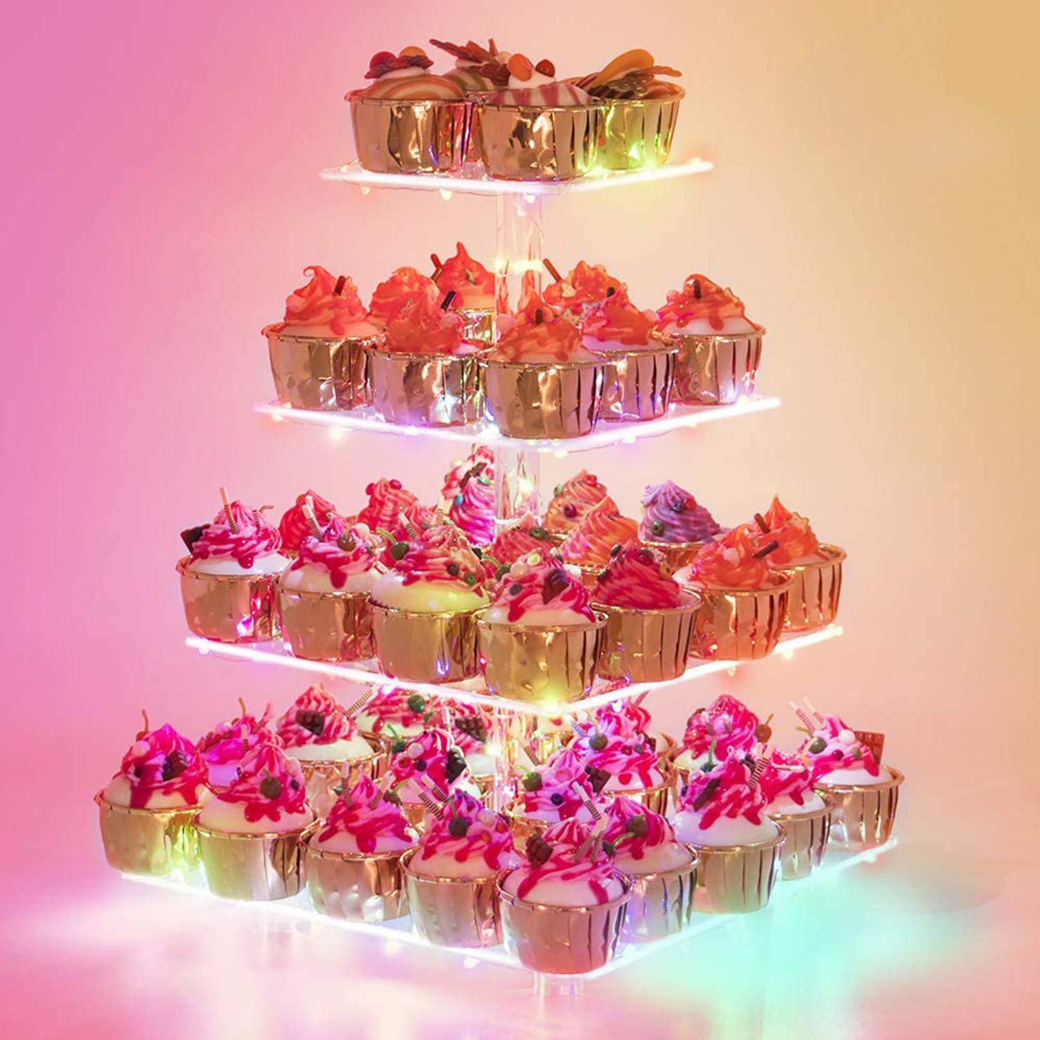 YestBuy présentoir devant montrant les 4 niveaux et la capacité de 50 cupcakes