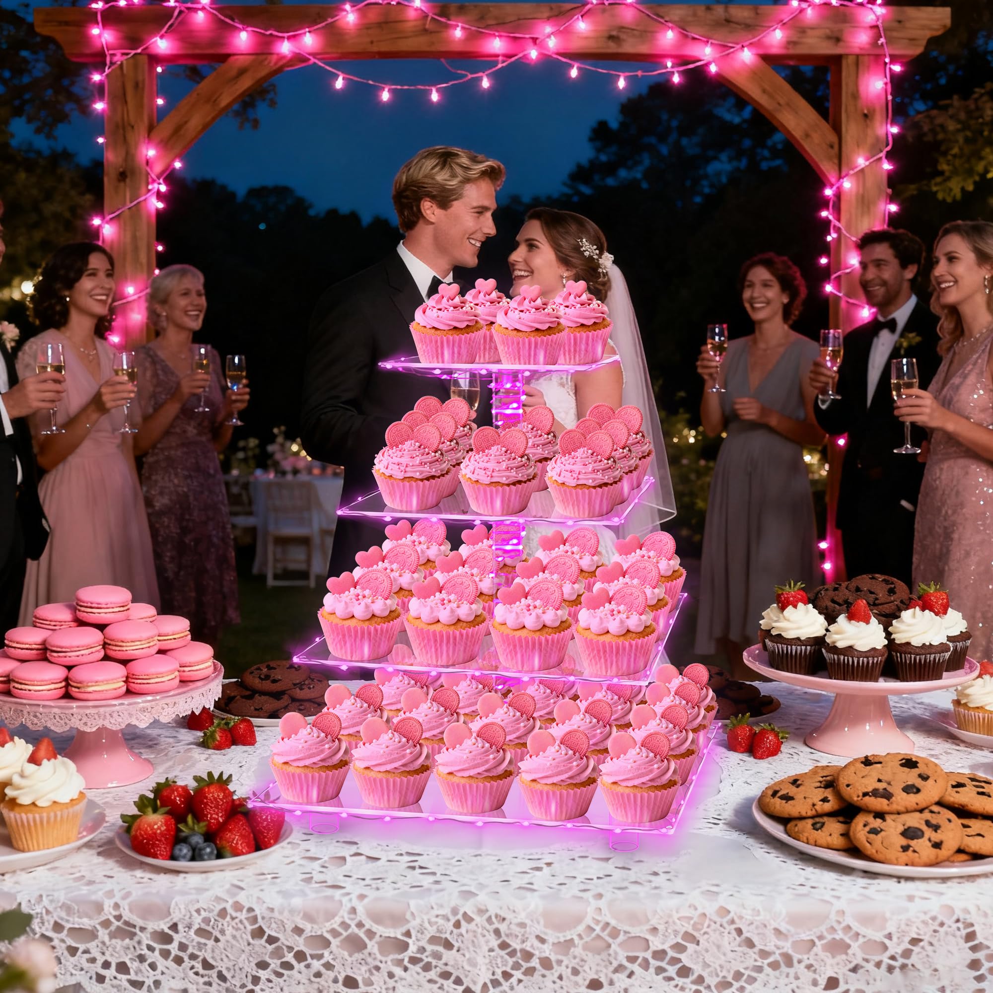 YestBuy présentoir en situation sur table de fête, valorise cupcakes et crée décor élégant