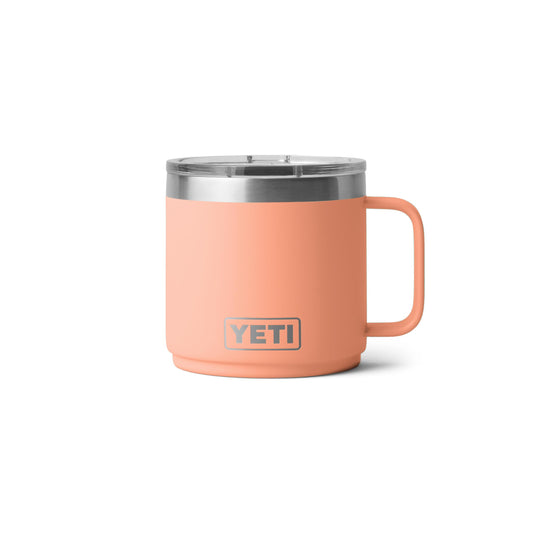 YETI Rambler 14 oz vue avant Lowcountry Peach montrant finition résistante