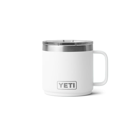 YETI Rambler 14 oz vue de face blanc montrant silhouette robuste et ergonomie