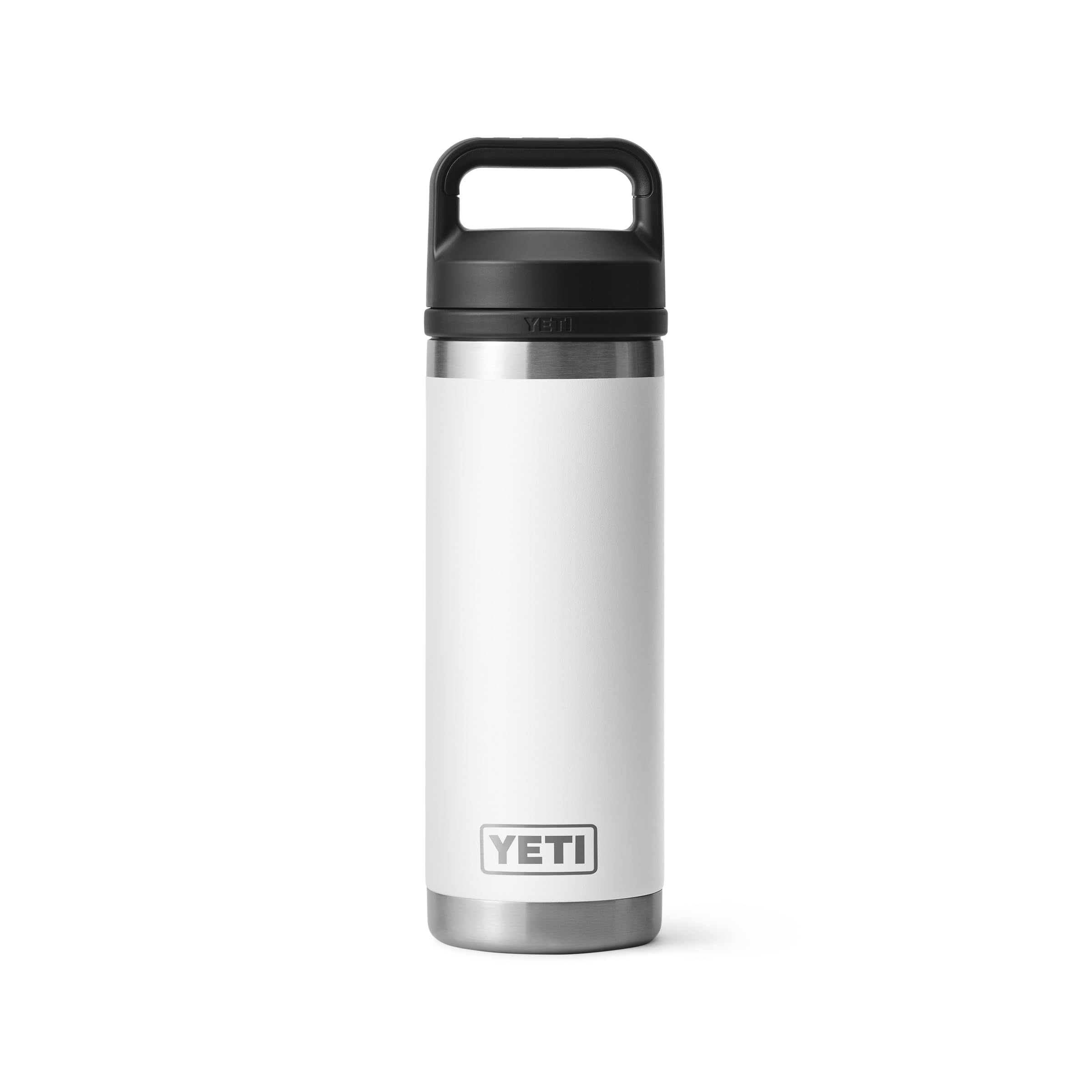YETI Rambler 18 oz blanc vue de face montrant la silhouette durable pour transport facile