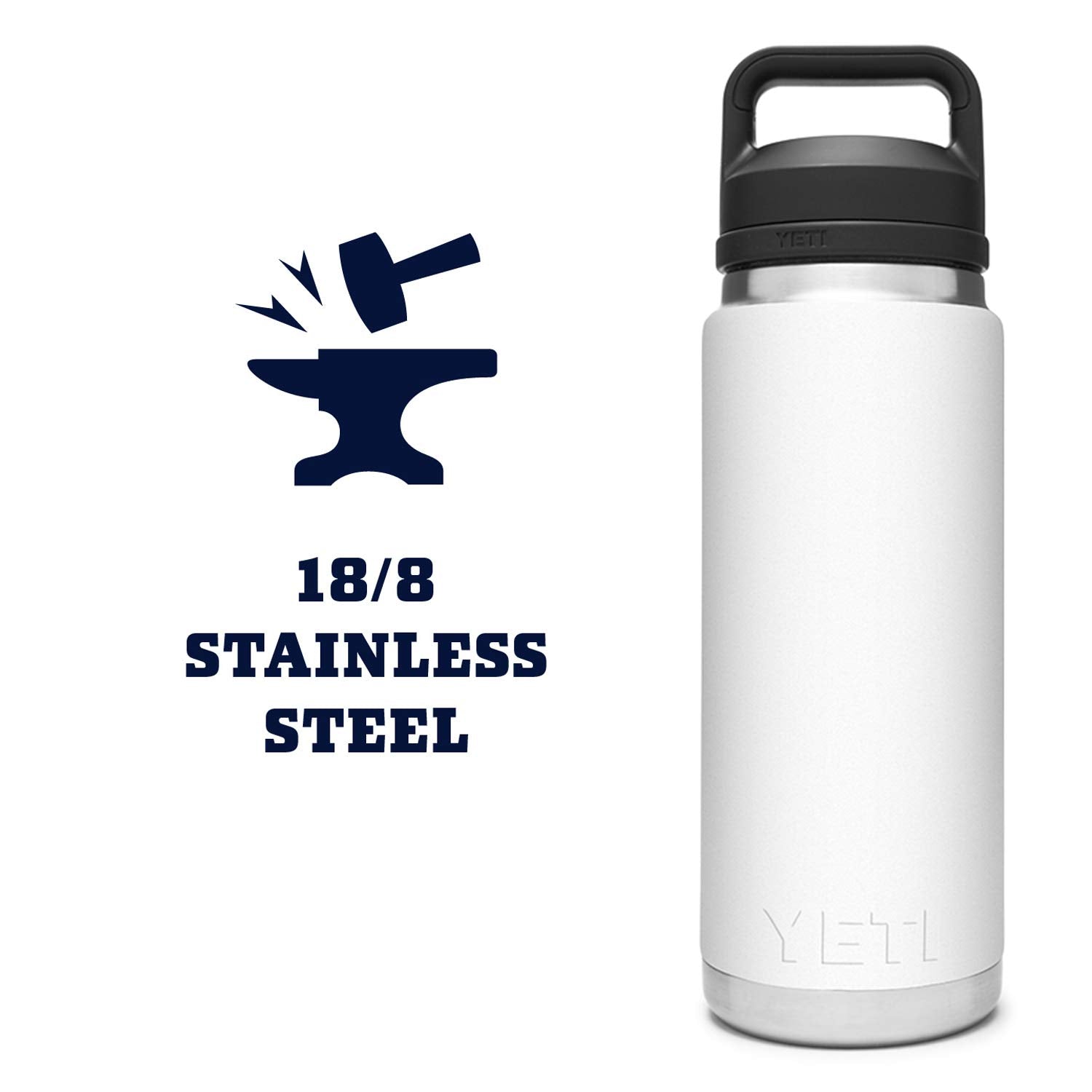 YETI Rambler étiquette acier 18/8 en plan rapproché indiquant résistance et facilité d'entretien