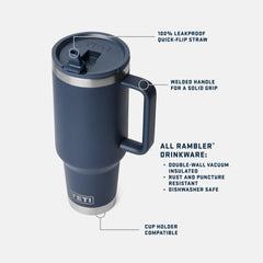 YETI Rambler montrant le couvercle Quick-Flip étanche pour transport sûr