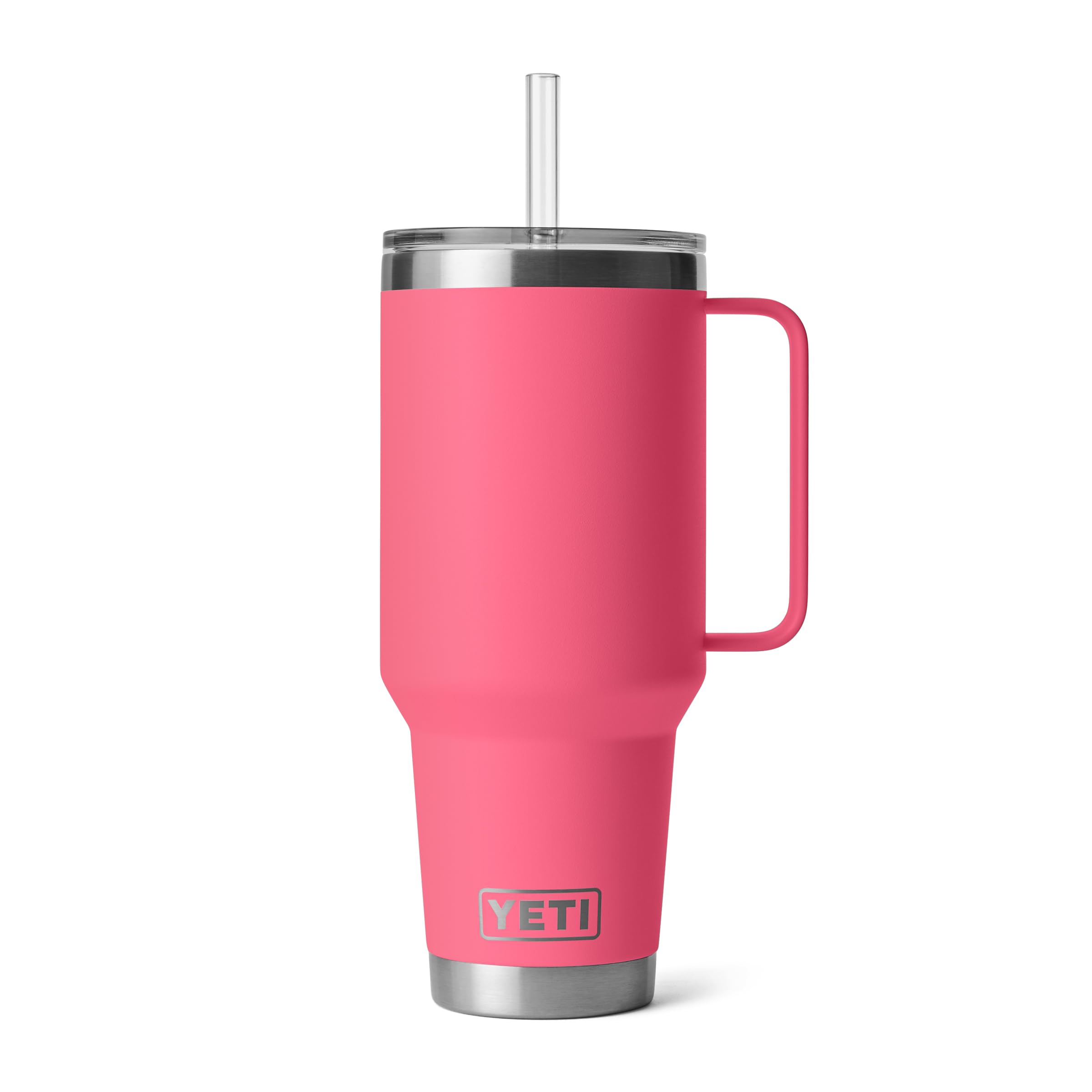 YETI Rambler face avant montrant la poignée et la couleur Tropical Pink, robuste et pratique