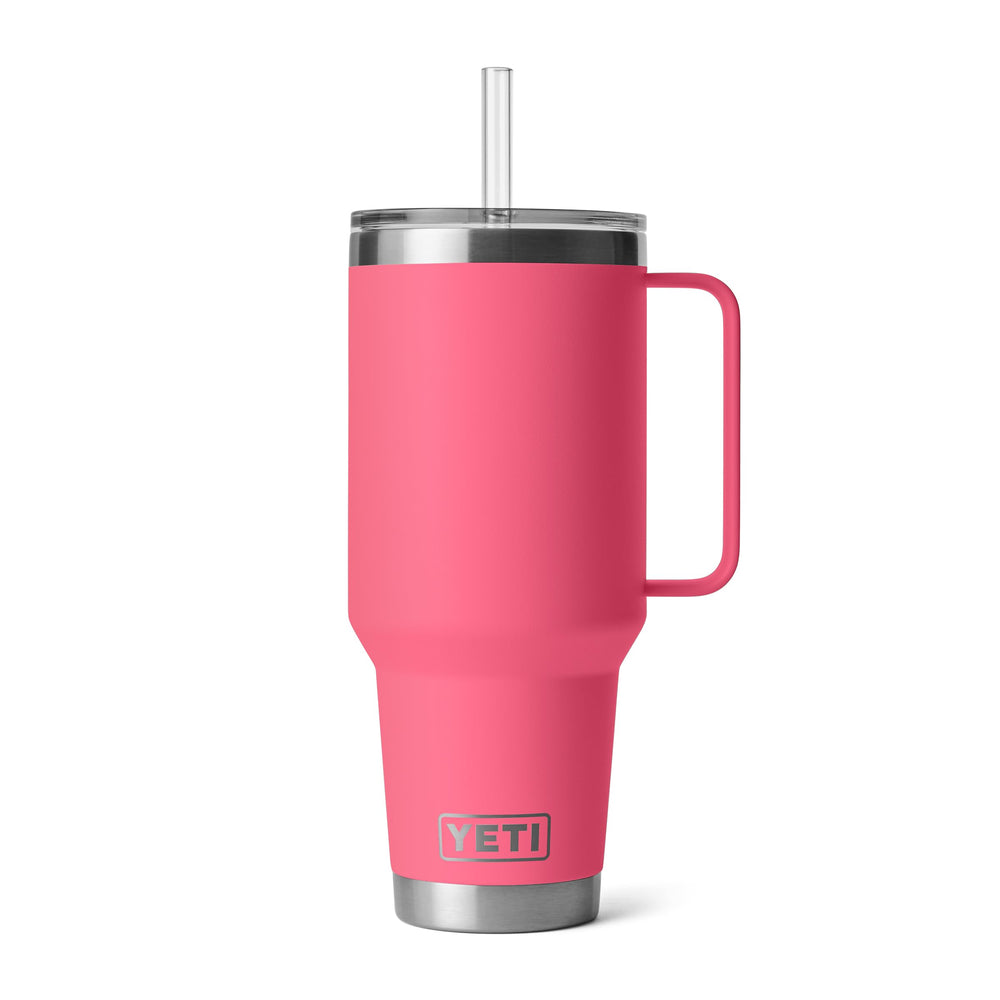 YETI Rambler face avant montrant la poignée et la couleur Tropical Pink, robuste et pratique