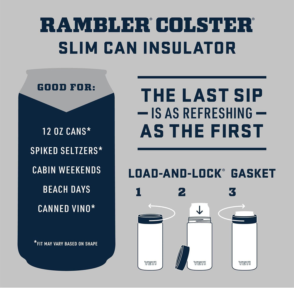 YETI Slim Colster tenu sur la plage gardant la canette froide plus longtemps