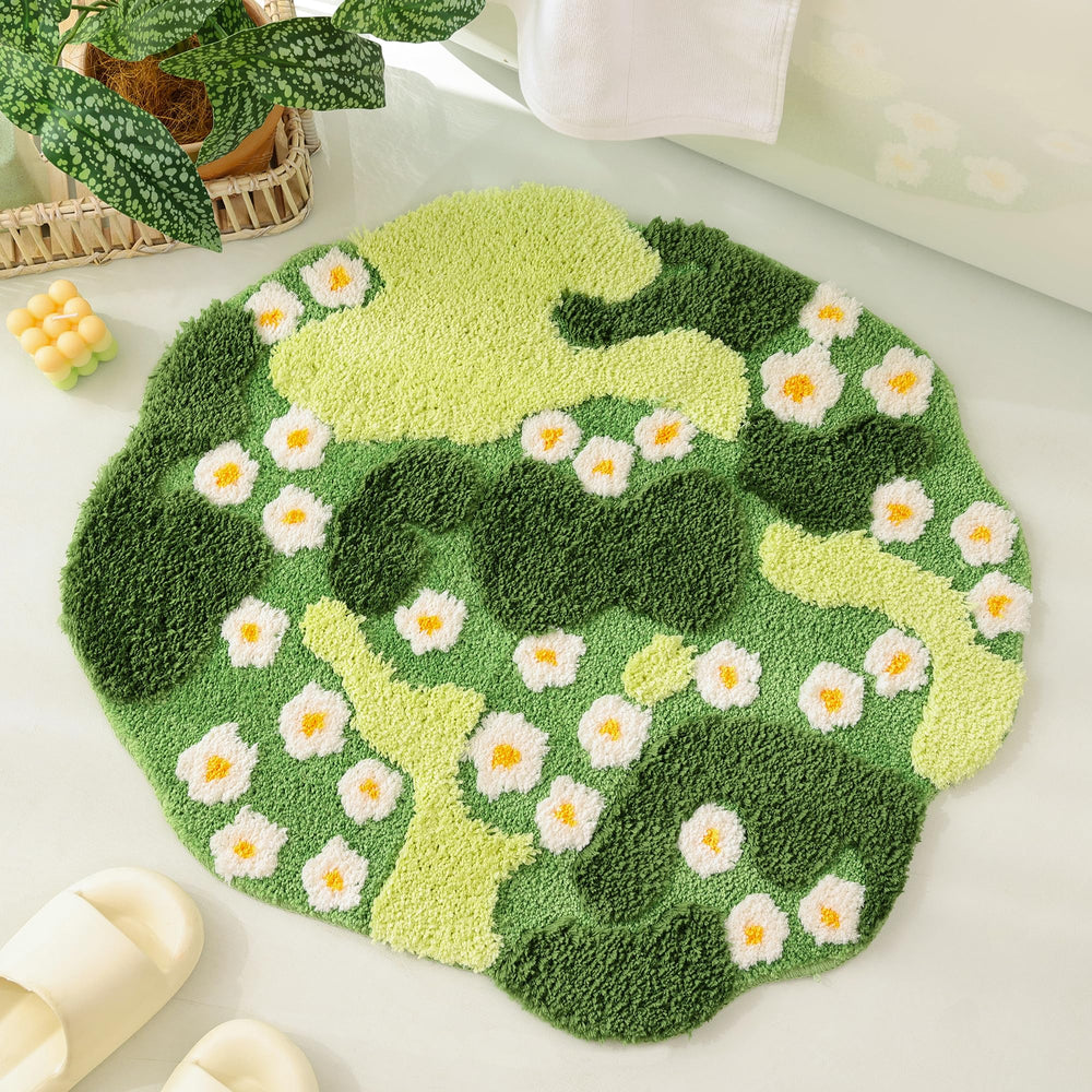 YIKUSH tapis mousse face avant motif vert et fleurs blanches, apporte confort visuel