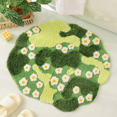 YIKUSH tapis mousse face avant motif vert et fleurs blanches, apporte confort visuel