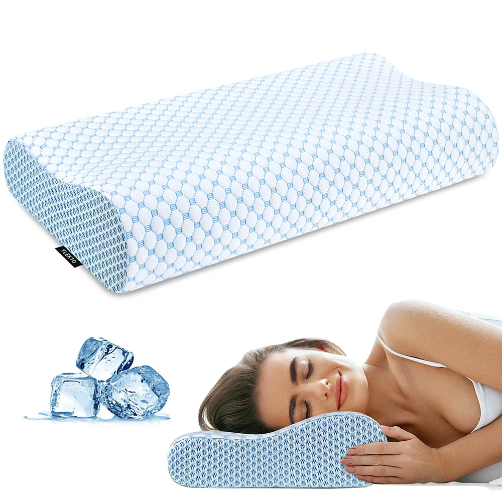 Ylekto vue avant de l'oreiller bleu montrant sa forme ergonomique et confort