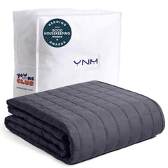 YnM couverture pondérée vue de face montrant finition et couleur gris foncé, confort immédiat