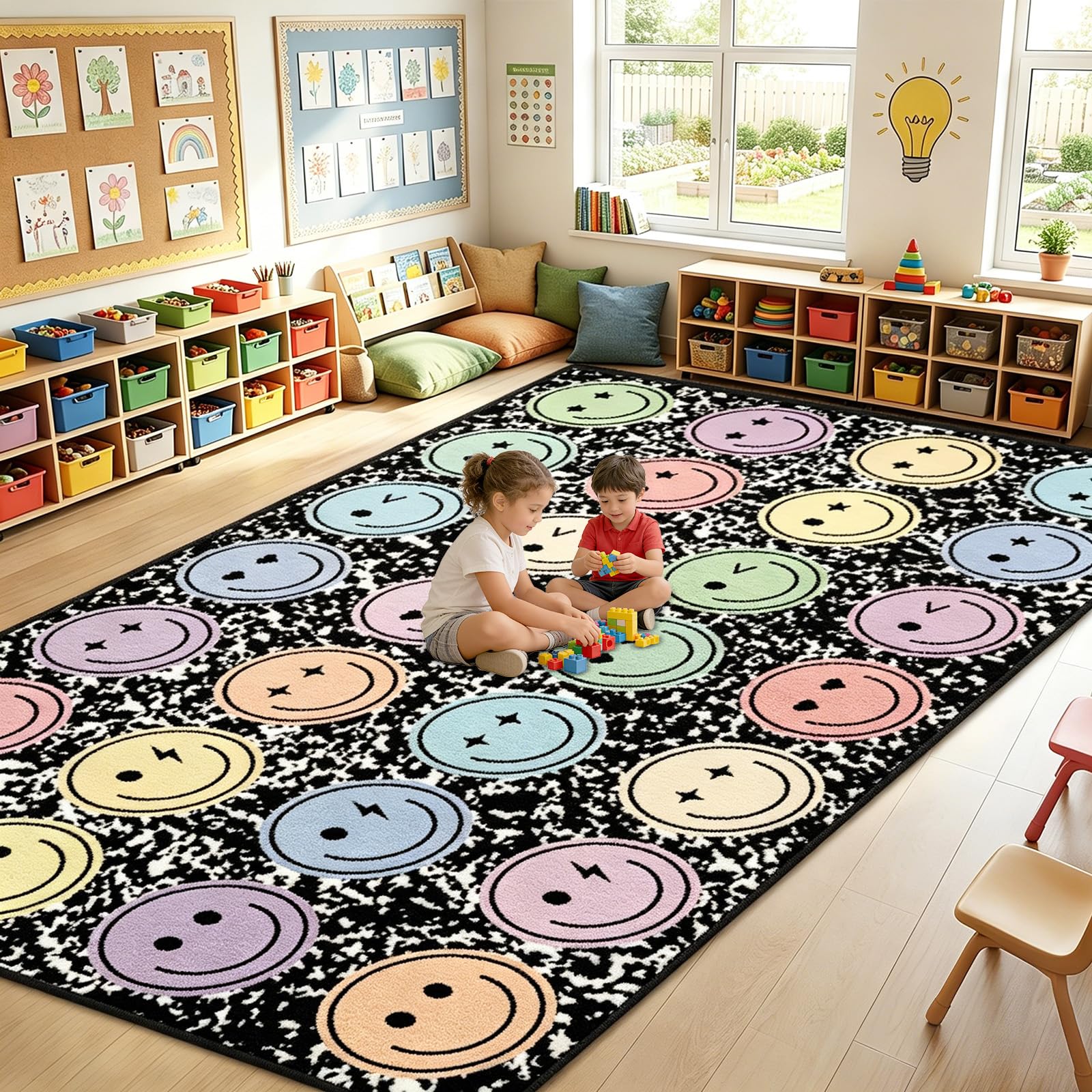 Yomjress vue de face du grand tapis composition notebook et visage souriant, crée un coin chaleureux