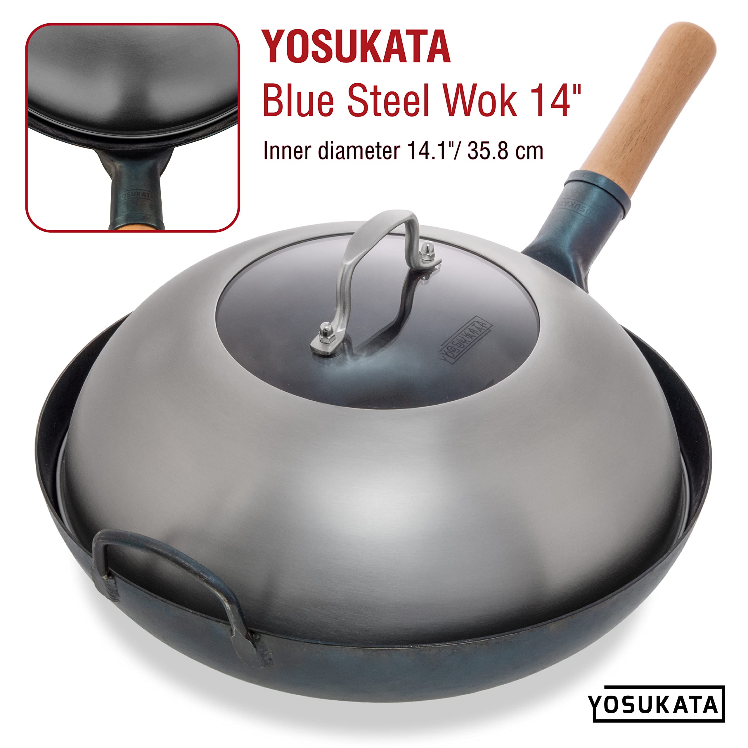 YOSUKATA couvercle en usage sur wok 14" pour cuisson homogène