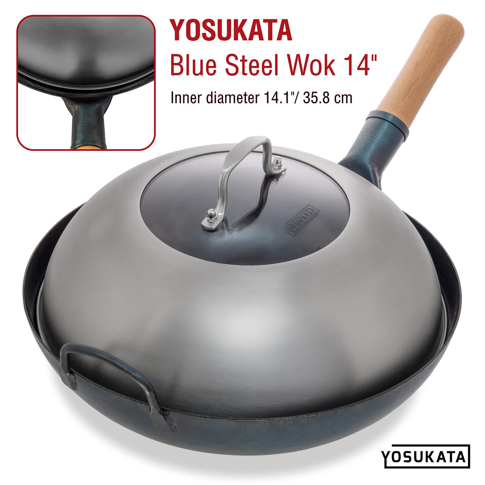 YOSUKATA couvercle en usage sur wok 14" pour cuisson homogène