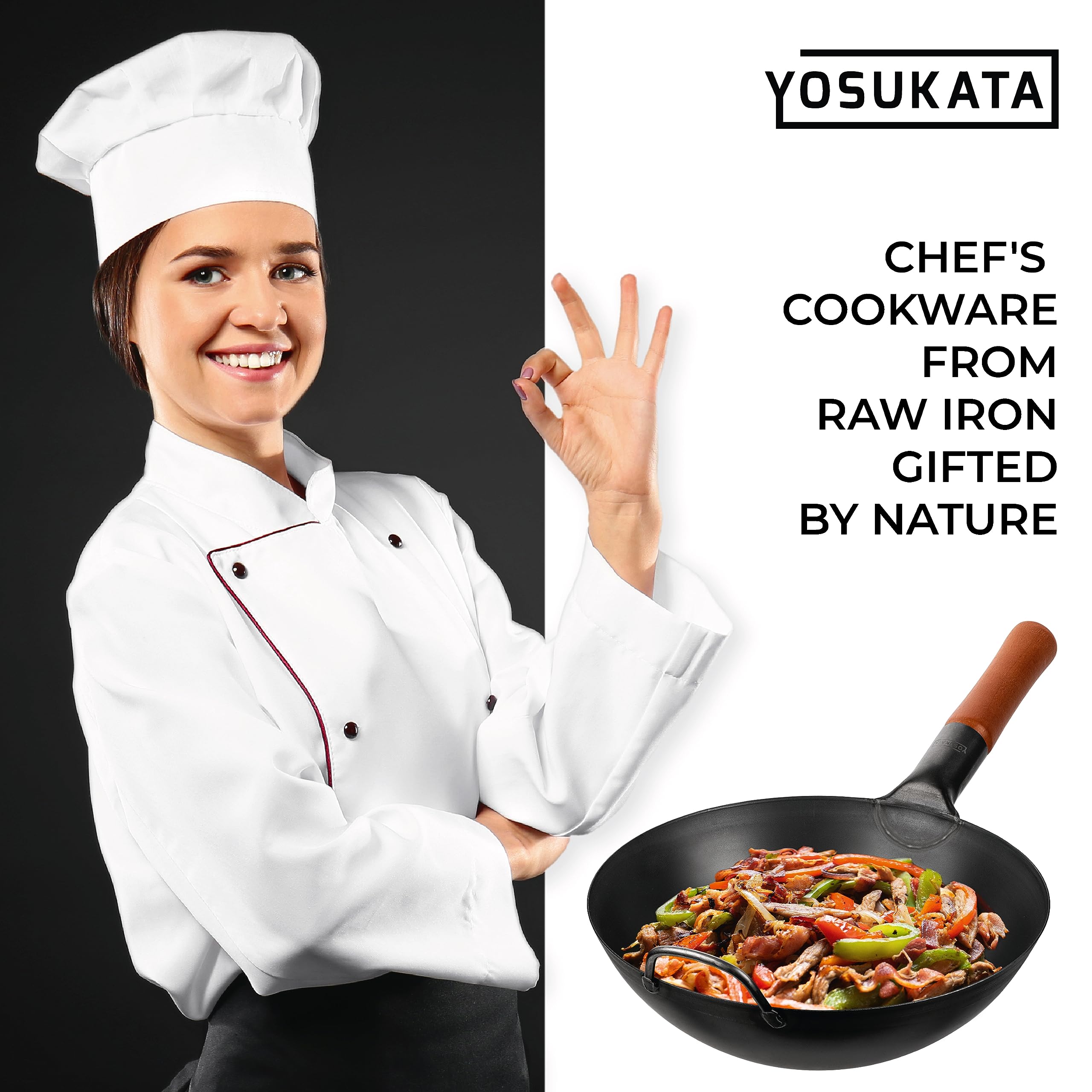 YOSUKATA wok avec ustensiles illustrant polyvalence et usage quotidien