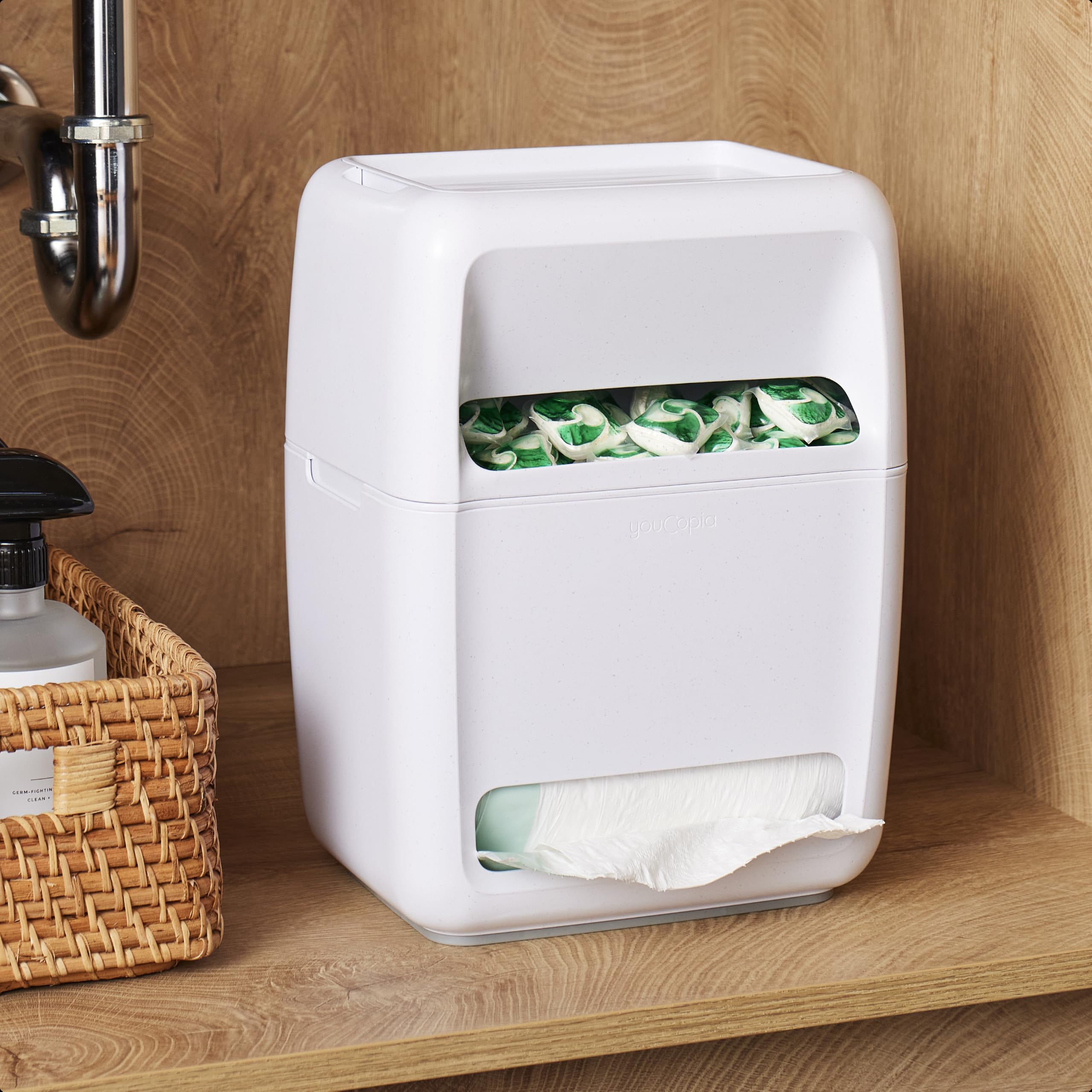 YouCopia vue frontale produit blanc moucheté, rangement optimisé