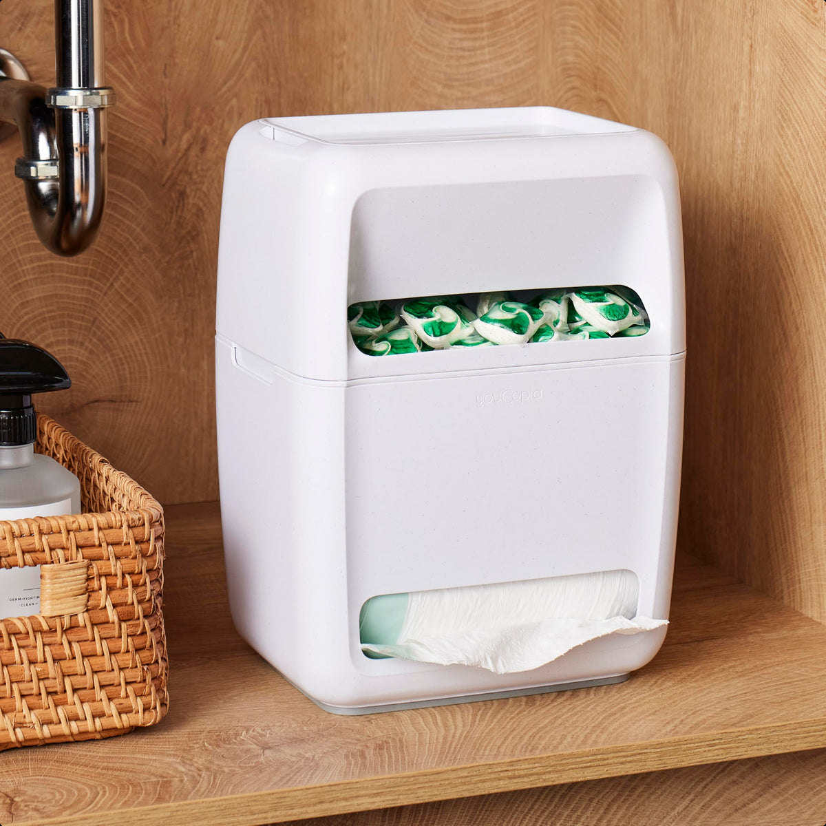 YouCopia vue frontale produit blanc moucheté, rangement optimisé
