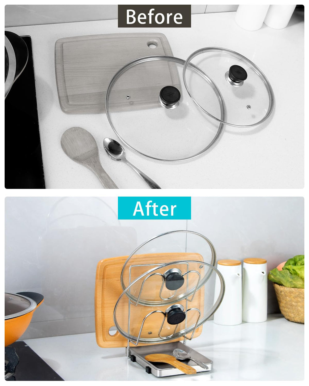 YQh ensemble couvercles et spatules rangés efficacement pour cuisine ordonnée