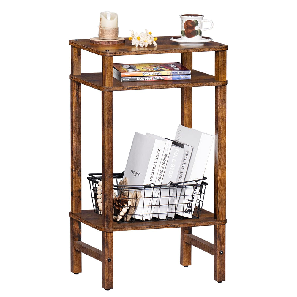 YUFAM table d'appoint face avant marron montrant design industriel et gain d'espace