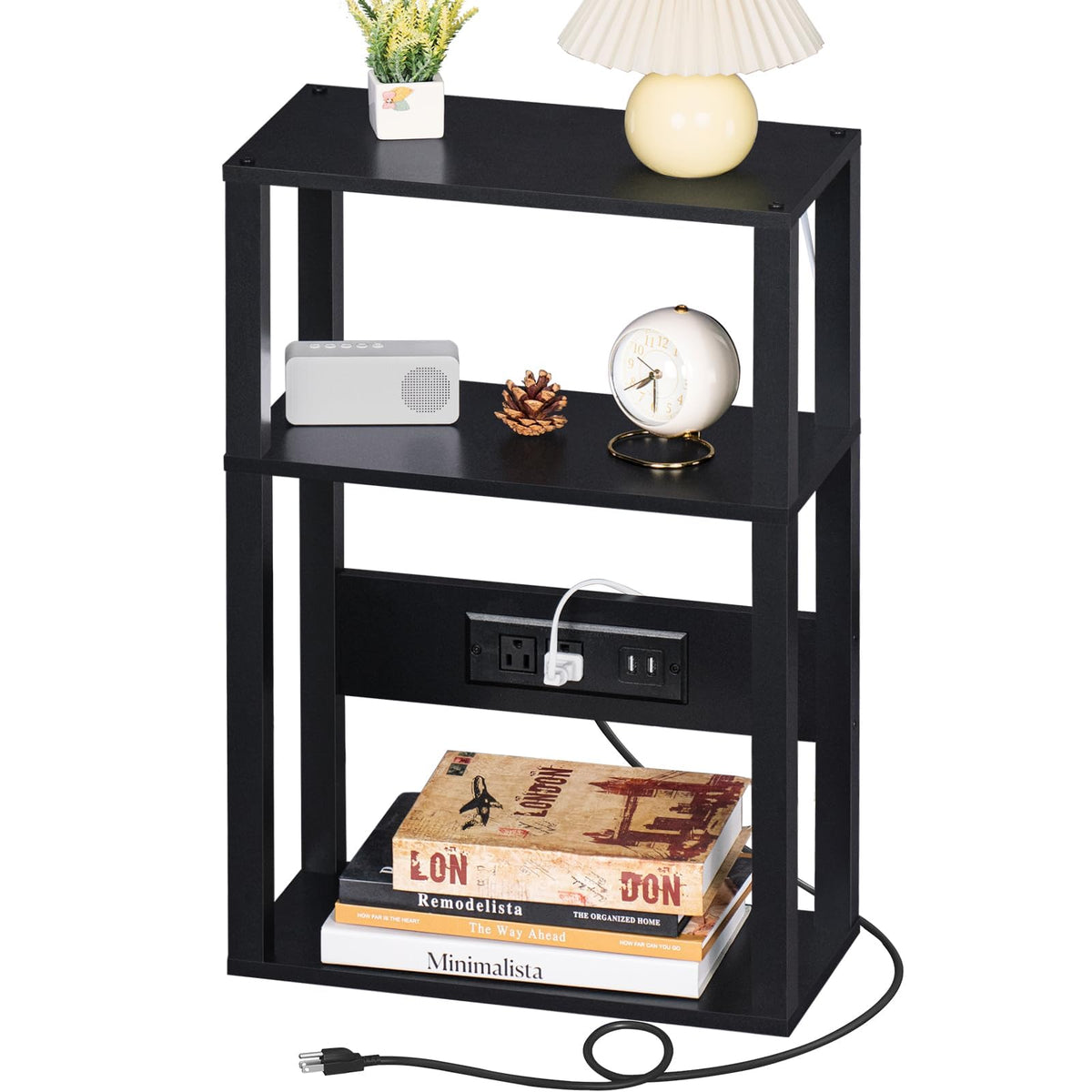 YUFAM vue de face de la table d'appoint noire, gain d'espace pratique