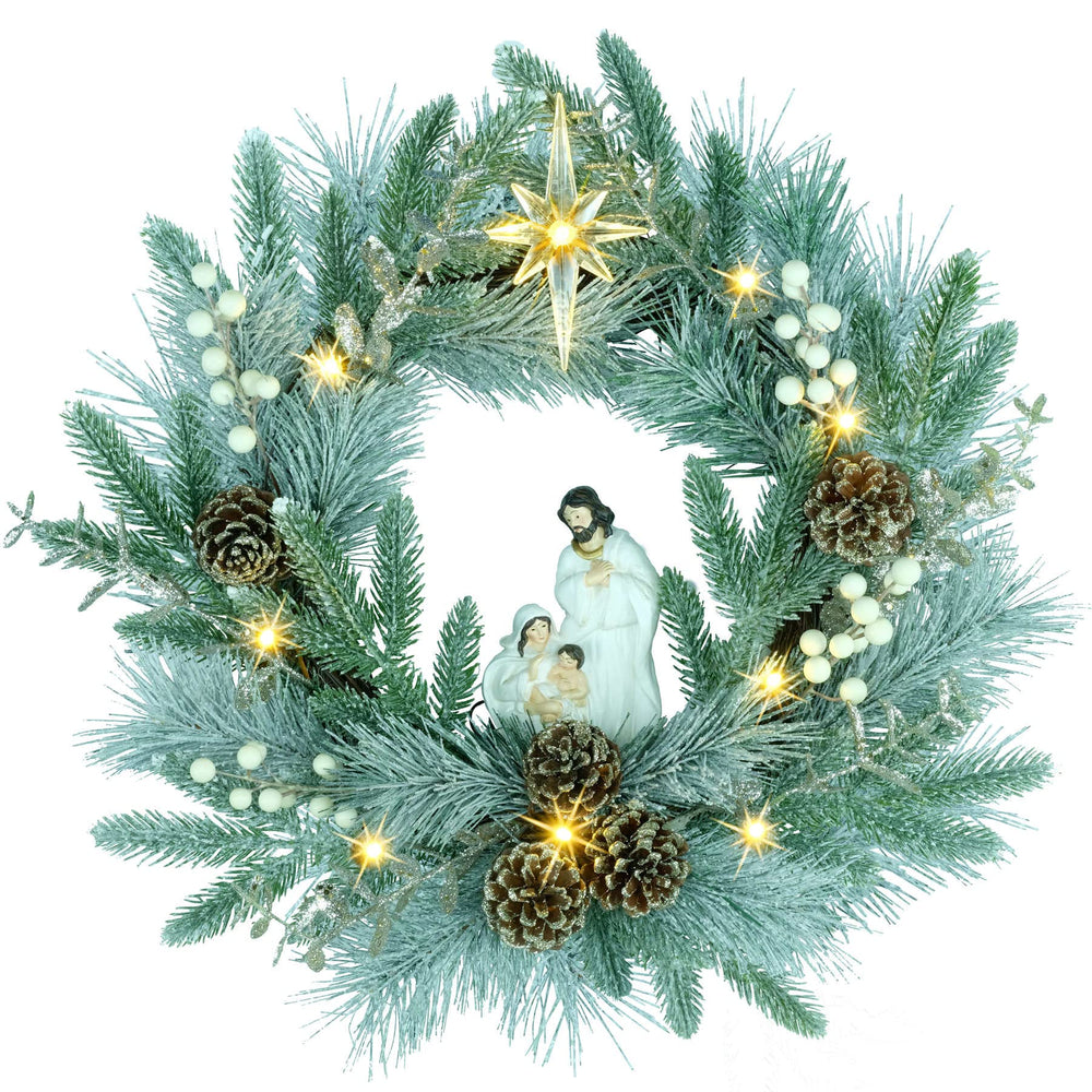 YULETIME couronne face complète montrant la crèche et éclairage chaleureux