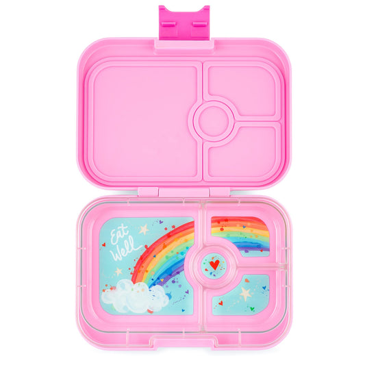 Yumbox Panino vue face montrant design et couleurs Power Pink Rainbow, pratique