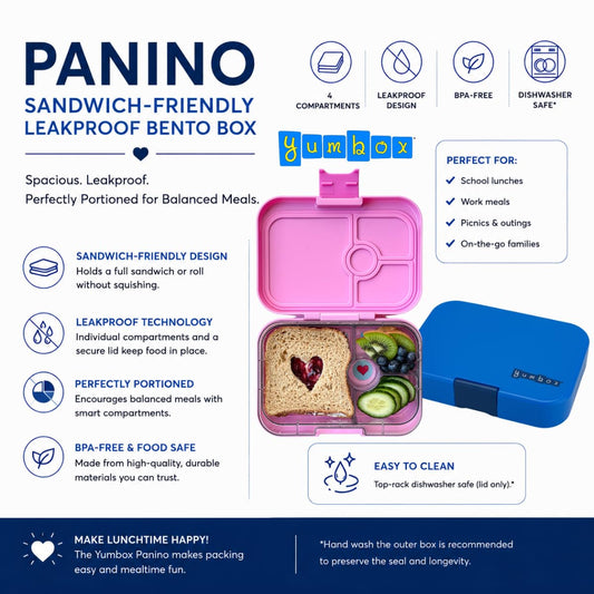 Yumbox Panino plateau compartimenté affichant portions organisées et gain de place