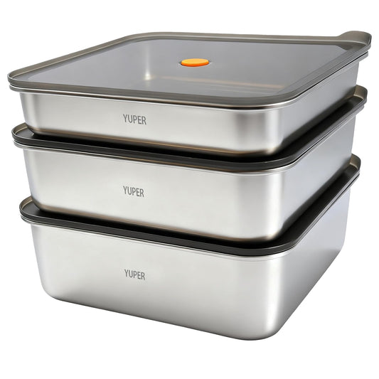 YUPER boîte avant empilable montrant finition inox et gain de place