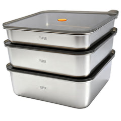 YUPER boîte avant empilable montrant finition inox et gain de place